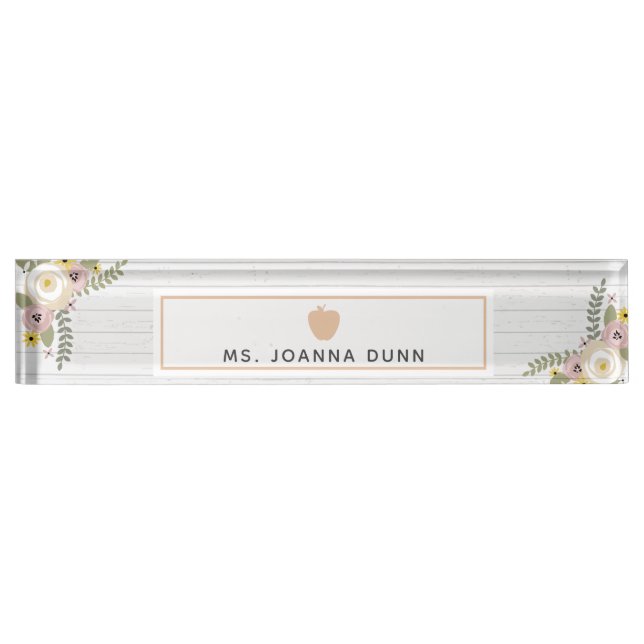 Dusty Floral Grey Wood Pink Apple Teacher Nameplate (Front)