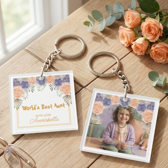 Dusty Floral Romantic Aunt Keepsake Key Ring (Dusty floral romantic aunt keepsake keychain)