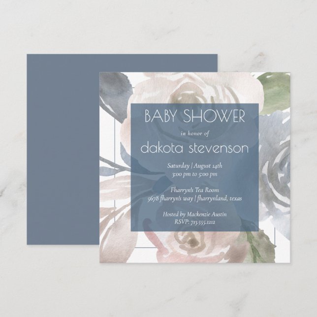 Dusty Floral | Smoky Pastel Blue Cream Baby Shower Invitation (Front/Back)