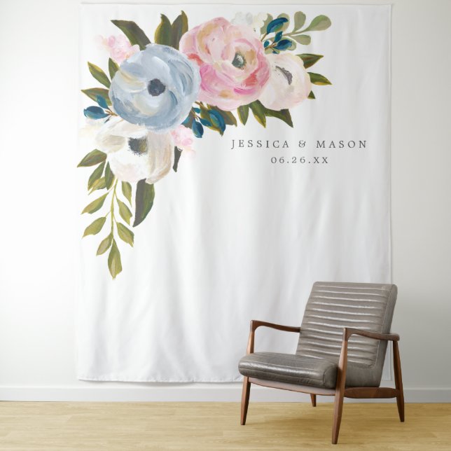Dusty Floral Wedding Backdrop Photo Booth Tapestry (In Situ)