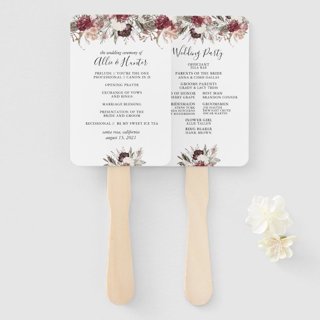 Dusty Floral Wedding Program Fan (Front and Back)