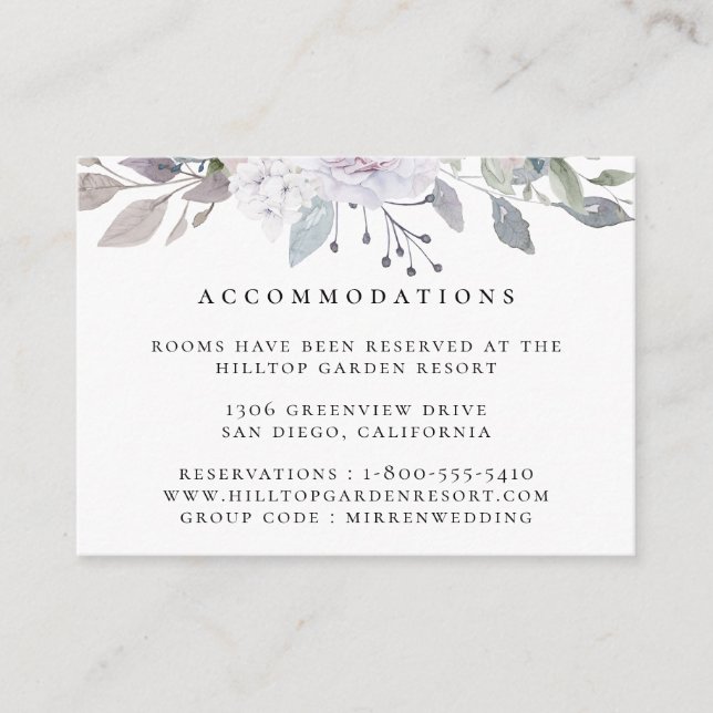 Dusty Garden Floral Wedding Accommodations Enclosure Card (Front)