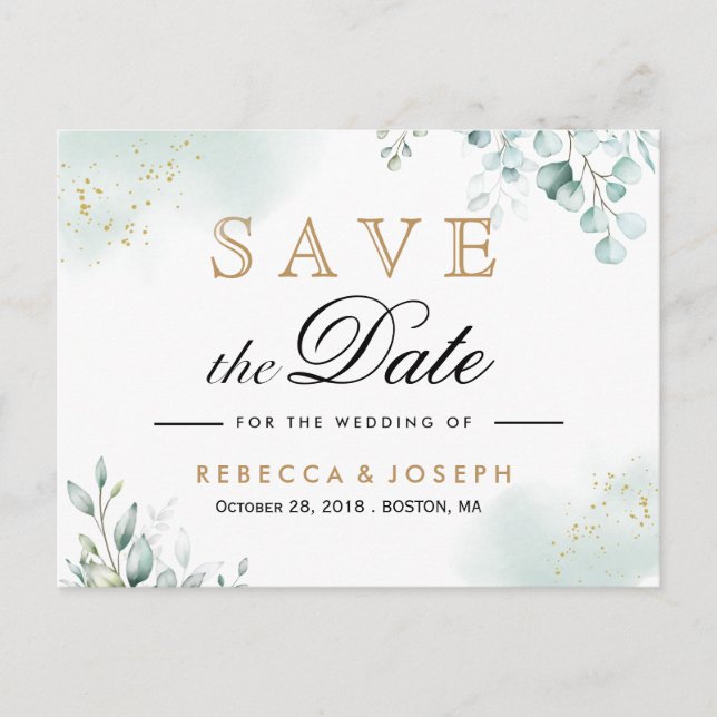 Dusty Gold Eucalyptus Greenery Wedding Postcard (Front)