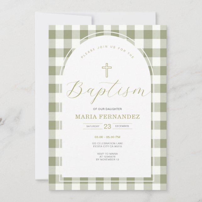 Dusty Green and Gingham Floral Baptism Invitation  (Front)