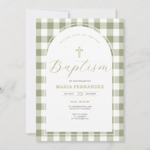 Dusty Green and Gingham Floral Baptism Invitation
