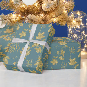 Dusty Green and Gold Coloured Plants and Leaves Wrapping Paper
