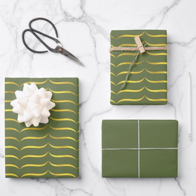 Dusty Green and Gold Wrapping Paper Sheet (Front)