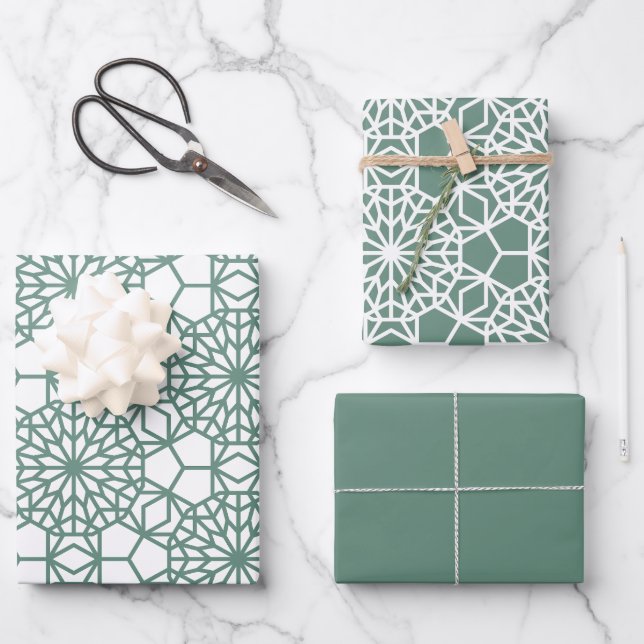 Dusty Green Arabesque Geometric Pattern Wrapping Paper Sheet (Front)