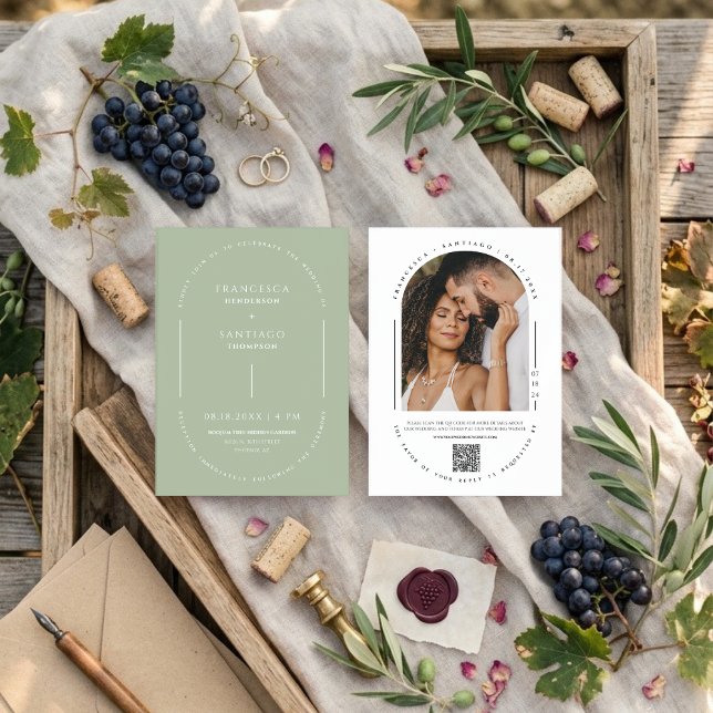 Dusty Green Arch QR Code Wedding Photo Invite (Creator Uploaded)