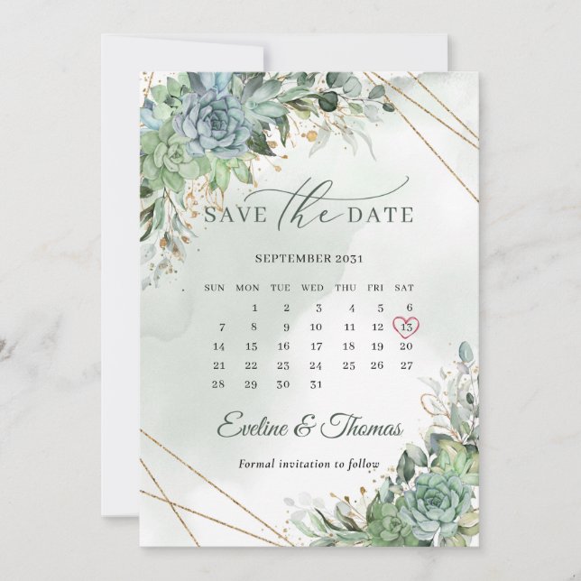 Dusty green blue succulents gold save the date (Front)
