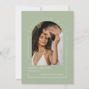 Dusty Green Boho Arch Photo QR Code Save Our Date Invitation