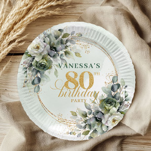 Dusty Green Boho Botanical 80th Birthday Plates