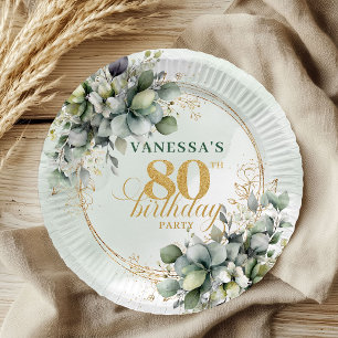 Dusty Green Botanical Foliage 80th Birthday Plates