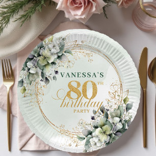 Dusty Green Botanical Foliage 80th Birthday Plates