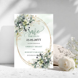 Dusty Green Botanical Gold Save The Date