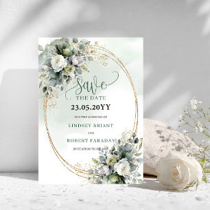 Dusty Green Botanical Green Gold Save The Date