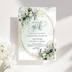 Dusty Green Botanical Leaves It’s A Girl Invites