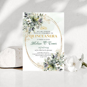 Dusty Green Botanical Quinceañera Watercolor Invit Invitation
