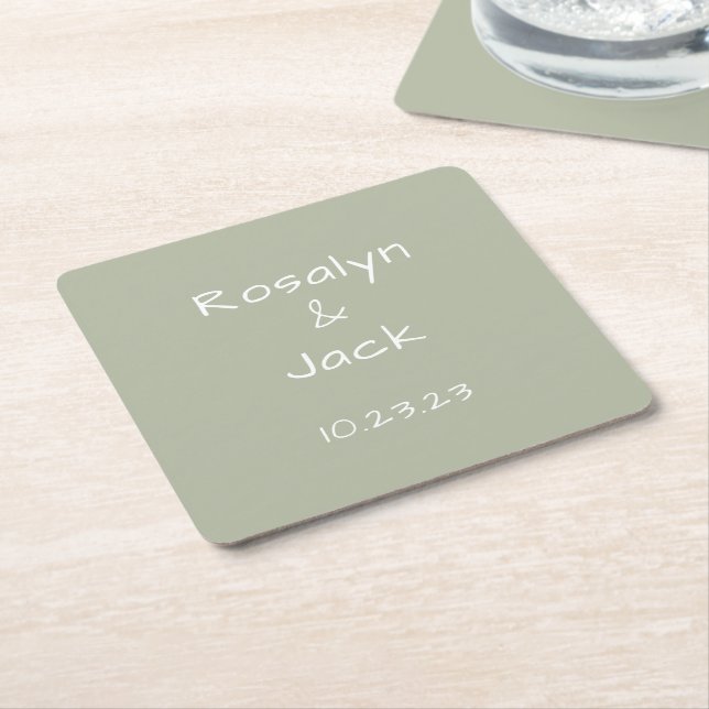 Dusty Green Casual Handwriting Minimal Square Paper Coaster (Angled)