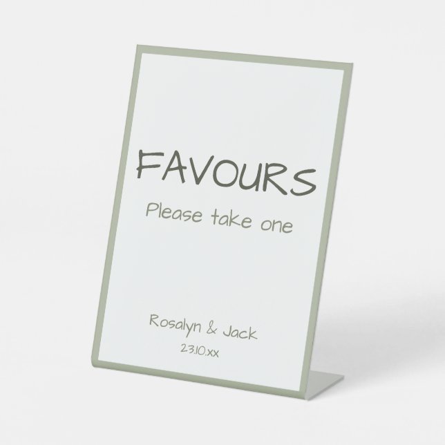 Dusty Green Casual Handwriting Wedding Favors Pedestal Sign (Front)