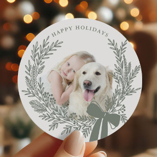 Dusty Green Christmas Wreath Photo Classic Round Sticker