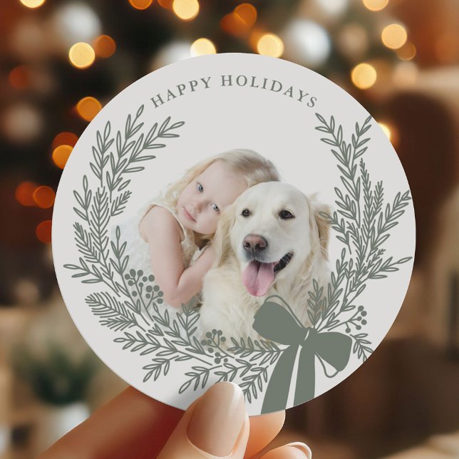 Dusty Green Christmas Wreath Photo Classic Round Sticker (Creator Uploaded)