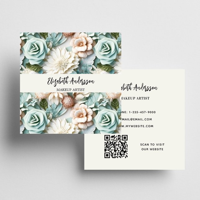 Dusty green cream florals photo QR logo Square Business Card (Creator Uploaded)