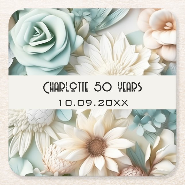 Dusty green cream flowers birthday name square paper coaster (Front)