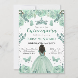 Dusty Green Dress Dark Skin Princess Quinceanera Invitation