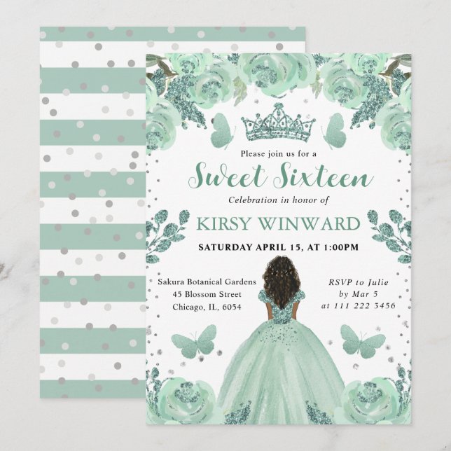 Dusty Green Dress Dark Skin Princess Sweet 16 Invitation (Front/Back)