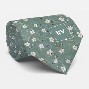 Dusty Green Floral Monogram Tie