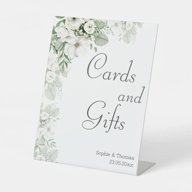 Dusty green floral rose watercolor wedding pedestal sign (Front)