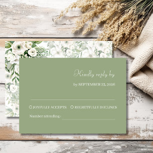 Dusty green floral rose watercolor wedding RSVP card