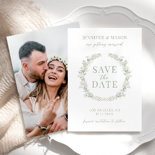 Dusty green floral Save the Date photo invitation