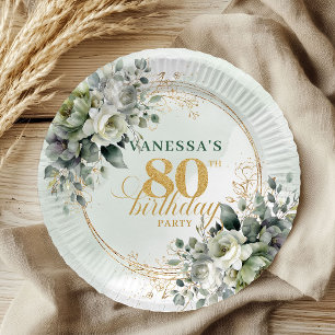 Dusty Green Foliage 80th Birthday Watercolor Plate