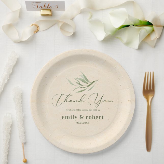 Dusty Green Foliage Beige Craft Paper  Plate (Wedding)