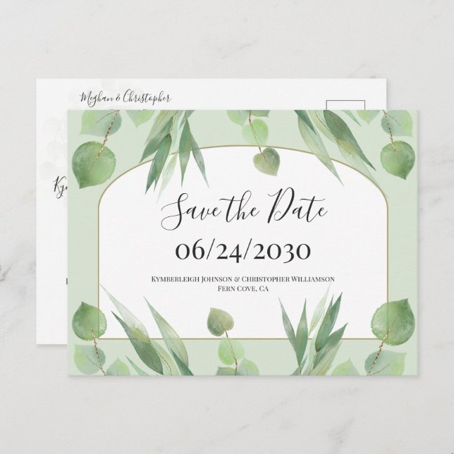 Dusty Green Geometric Arch Wedding Save the Date Postcard (Front/Back)