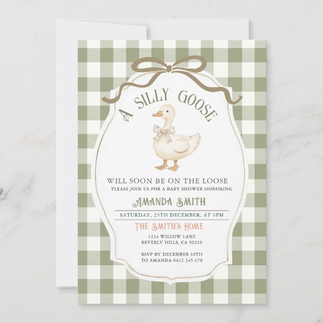 Dusty Green Gingham Goose Baby Shower  Invitation (Front)