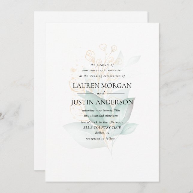 dusty green gold eucalyptus greenery wedding invitation (Front/Back)