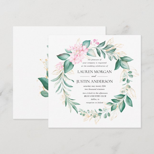 dusty green gold eucalyptus greenery wedding invitation (Front/Back)