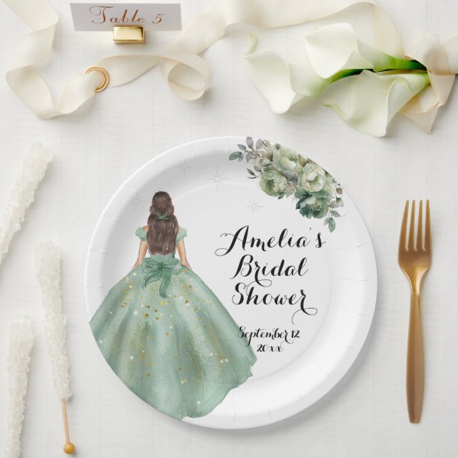 Dusty Green Gold Glitter Dress Bridal Shower Paper Plate (Wedding)