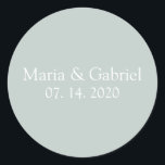 Dusty green grey Personalised Classic Round Sticker<br><div class="desc">Dusty green grey Personalised wedding  Classic Round Sticker. Seal your invitation envelopes or favours with these elegant simple wedding stickers featuring your names in white on a dusty grey background. Part of a wedding collection. Check my shop to see the entire wedding suite forthis design!</div>
