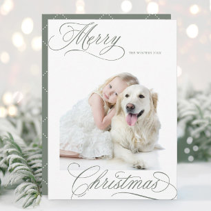 Dusty Green Merry Christmas Script Minimal Photo Holiday Card