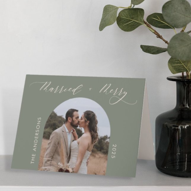Dusty Green Merry Married Photo Wedding Christmas Holiday Card (Creator Uploaded)