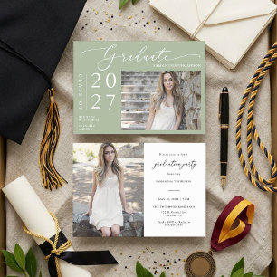 Dusty Green Minimal Script School Graduation Photo Invitation