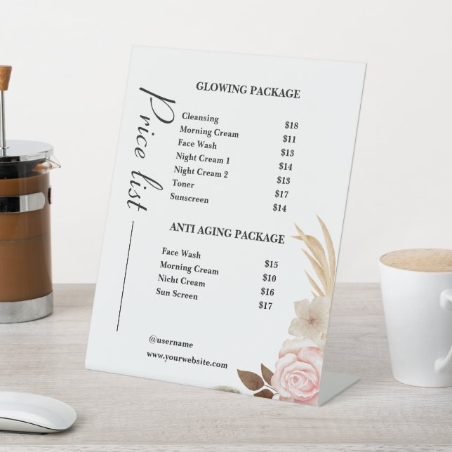 Dusty Green Minimalist Skincare Price List Pedestal Sign (In SItu)