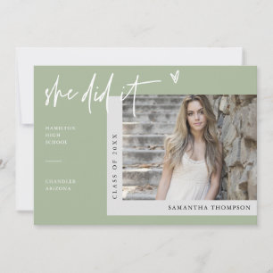 Dusty Green Modern Boho She Did It Grad Photo Invitation