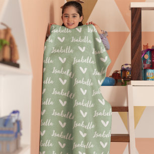 Dusty Green Personalized Name Blanket with Hearts