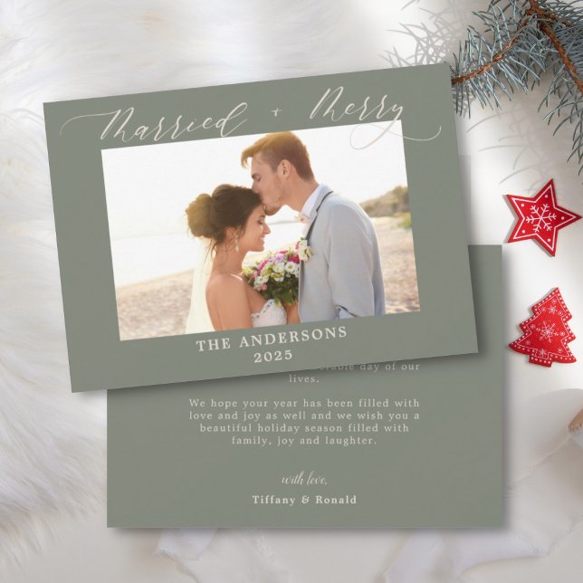 Dusty Green Photo Merry Married Wedding Christmas  Thank You Card (Creator Uploaded)