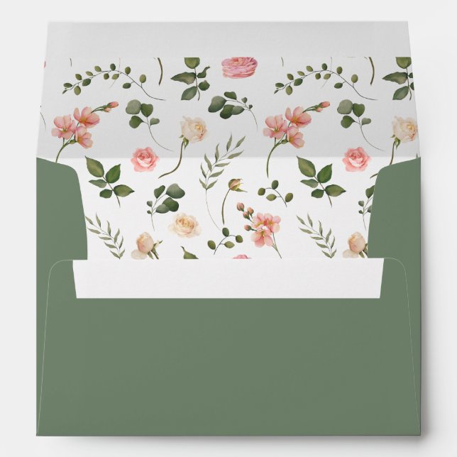 Dusty green pink roses boho wedding card Envelope  (Back (Bottom))